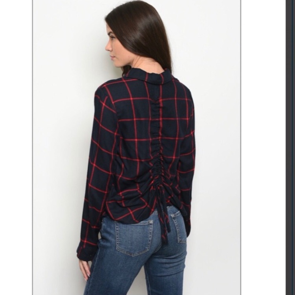 Navy & Red Long Sleeve Checkered Top - Picture 2 of 6